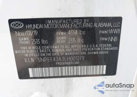 2020 Hyundai Sonata Sel z USA, uszkodzony, nr VIN 5NPEF4JA3LH001279